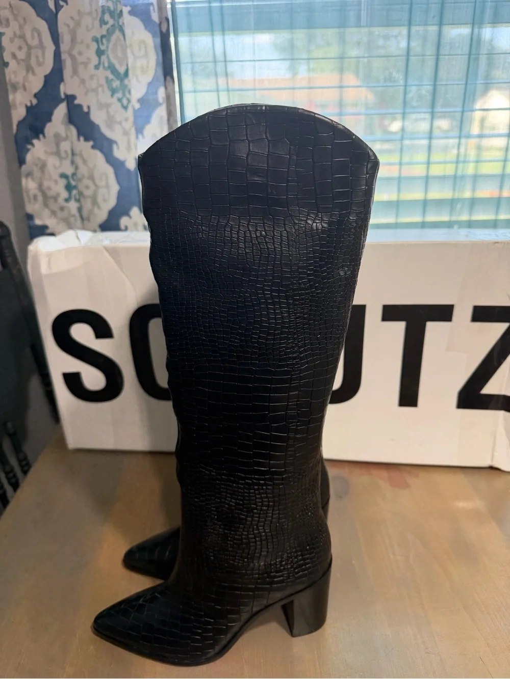 SCHUTZ Black Croc-Embossed Over-the-Knee Pointed-Toe Boots